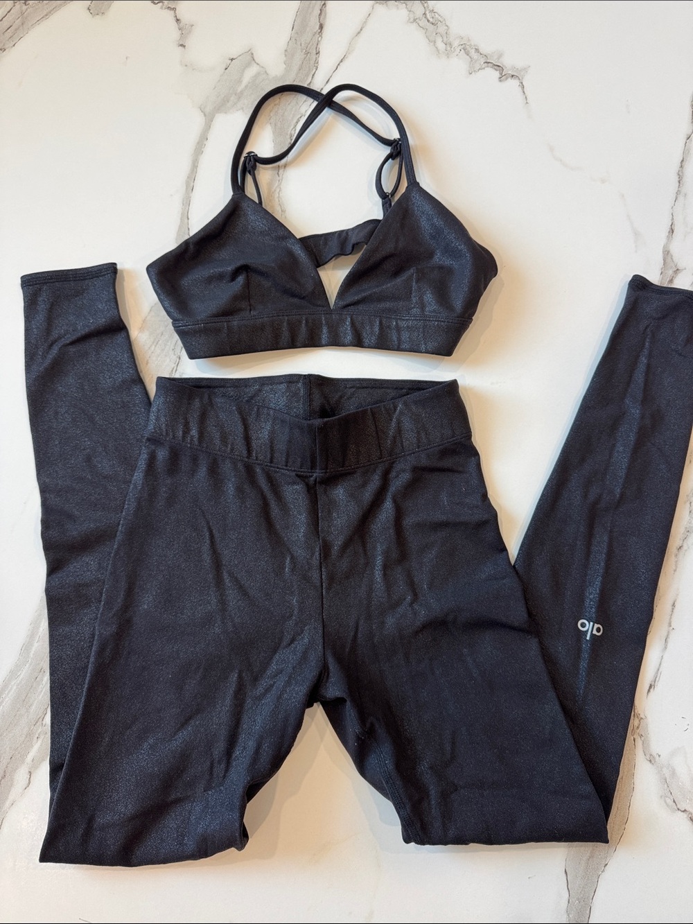 ALO Yoga Black Shiny High-Waist Legging and Strappy Bra Set